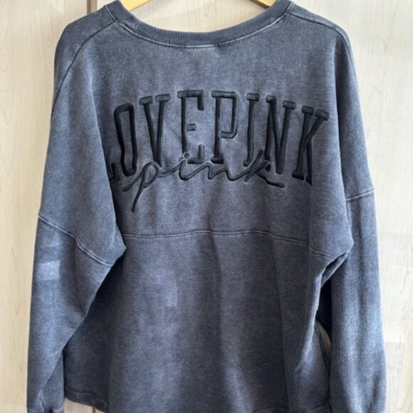 VS PINK varsity crew Women’s Large Embroidered LOVE PINK Gray Long Sleeve - Picture 1 of 7